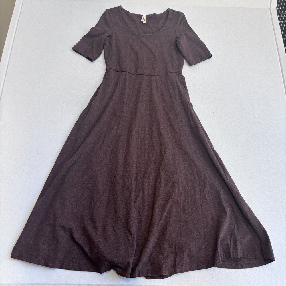 Pact Organic Fit & Flare Signature Scoop Dress Women's S Brown Midi Pockets